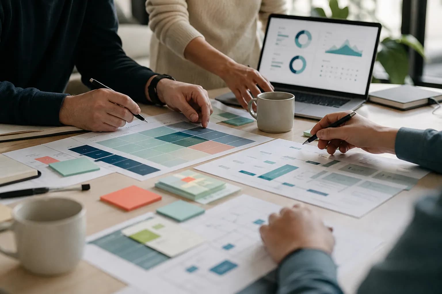 Cybersecurity advisors collaborating over risk and security planning materials